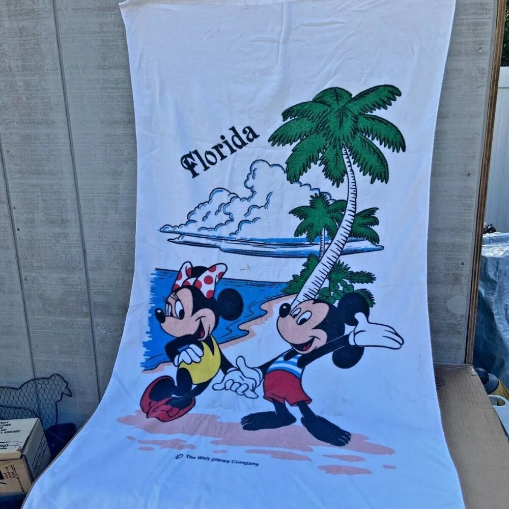 Vintage 90s Disney Retro Beach Towel Mickey Minnie Mouse Florida Palm Tree